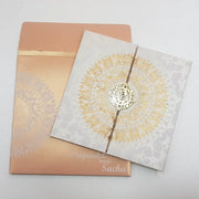 Gold & Cream Satin Padded Indian Wedding Invitation with Laser Cut Wooden Emblem: T6-006
