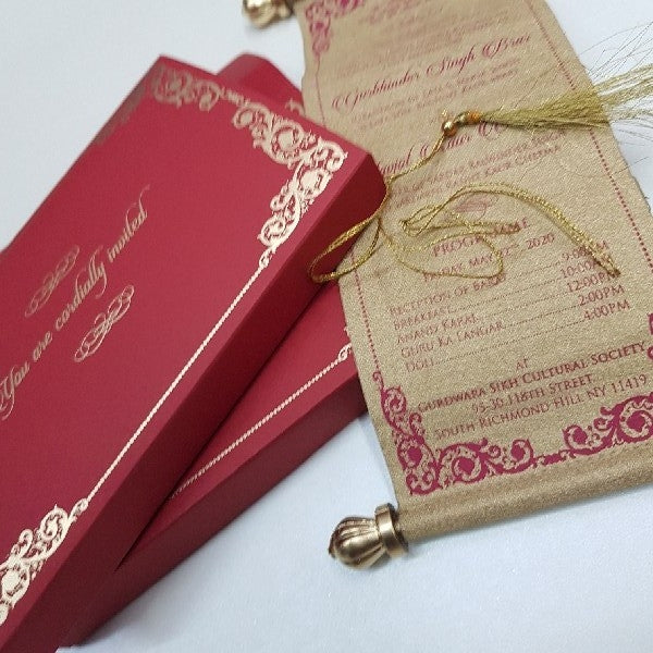 Regal Maroon & Gold Scroll Invitations with Boxes: T1-553