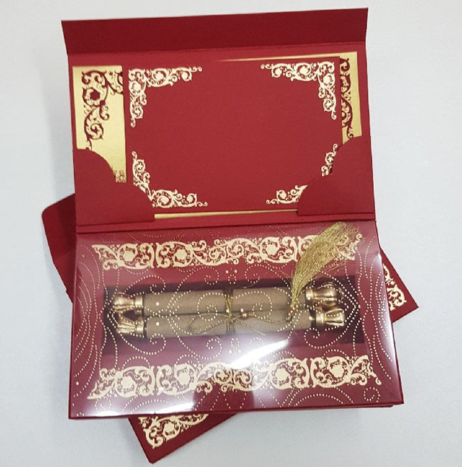 Regal Maroon & Gold Scroll Invitations with Boxes: T1-553
