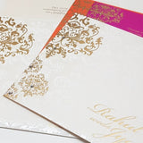 White & Gold Color Square Indian Wedding Invitation with Damask Design: W-1049