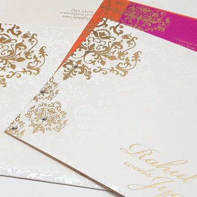 White & Gold Color Square Indian Wedding Invitation with Damask Design: W-1049