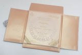 Gold & Cream Satin Padded Indian Wedding Invitation with Laser Cut Wooden Emblem: T6-006