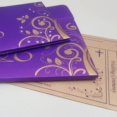 Purple & Gold Color Floral Padded Indian Wedding Invite with Rhinestone Decoration: T5-018