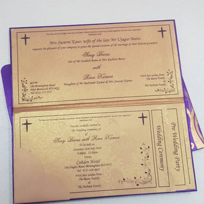 Purple & Gold Color Floral Padded Indian Wedding Invite with Rhinestone Decoration: T5-018
