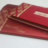 Maroon Satin & Gold Padded Wedding Invitation, with Rhinestone Decoration: T5-022