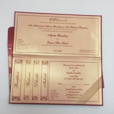 Maroon Satin & Gold Padded Wedding Invitation, with Rhinestone Decoration: T5-022