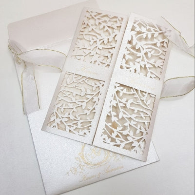 White & Gold Gate Fold Laser Cut Invitation with Ribbon: L-831