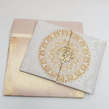 Cream Satin & Gold Gate Fold Indian Wedding Invitations with Rhinestones and Wooden Name Initials : T5-104