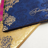 Box Wedding Invitation Blue & Gold Damask Design: T5-011