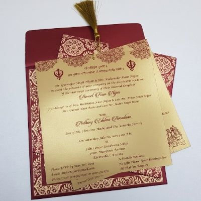 Maroon Pocket Style Invitation with Golden Tassel: W-1078