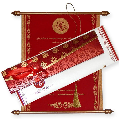 Shimmery Finish Paper Box With Red Velvet Fabric Scroll Invite T1-520