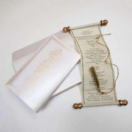 White & Gold Beautiful Scroll Wedding Invitation: BSI-1014