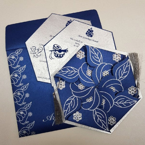 Blue & Silver Color Creative Flower Style Indian Wedding Invite: W-1247