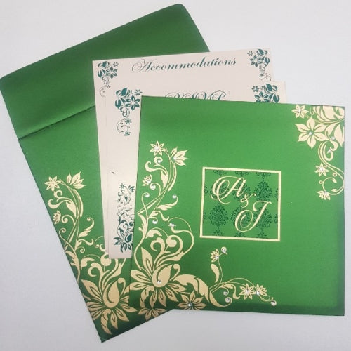 Emerald Green & Gold Square Wedding Invitation: W-1154