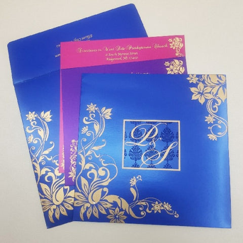 Blue & Gold Square Indian Invitation: W-1212