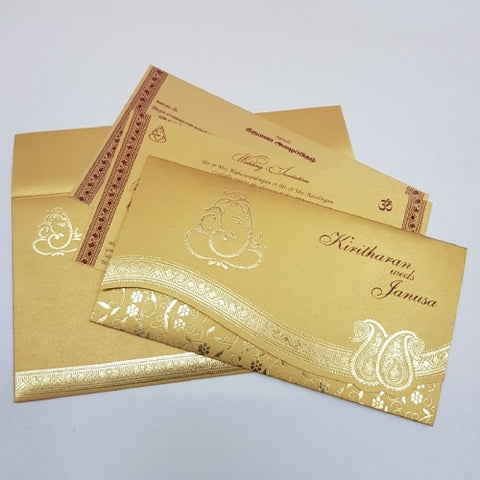 Golden Ganesha Foil Printed Indian Wedding Invitation: W-1009