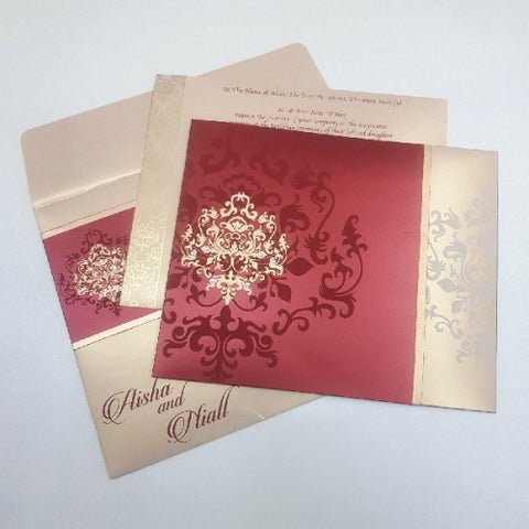 Light Gold and Maroon Damask Design Luxury Wedding Invitation: T5-1196