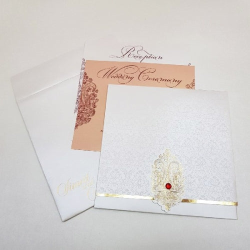 White & Gold Foil Printed Indian Wedding Card with Rhinestone: W-1729