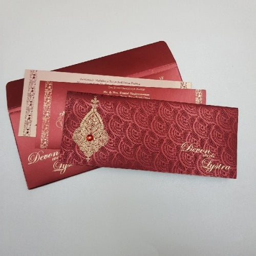 Traditional Maroon & Gold Jeweled Indian Wedding Card: W-1168