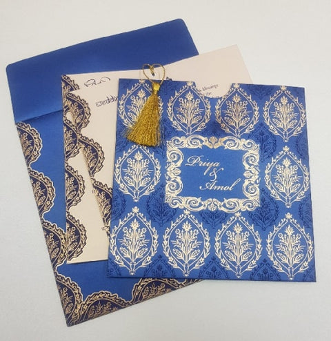 Blue Pocket Wedding Invitation with Tassel : W-1244