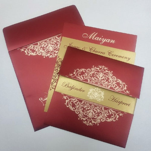 Maroon Square Invitation with Bride & Groom Name Band in Middle: W-1108