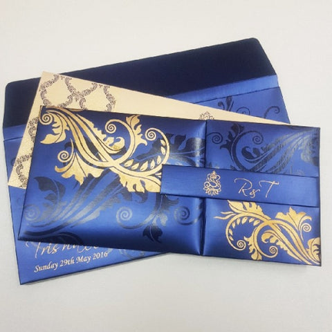 Luxury Padded Blue & Gold Magnetic Wedding Invitation: W-1181