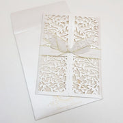 White & Gold Gate Fold Laser Cut Invitation with Ribbon: L-831