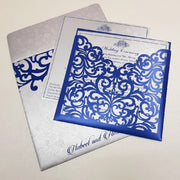 Beautiful Laser Cut Square Pocket Invitation Blue & Silver Color: W-355