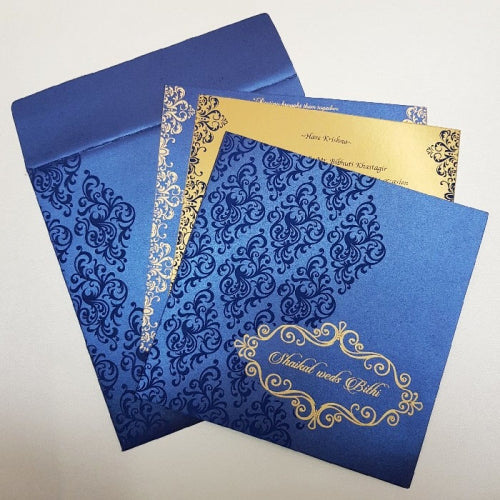 Blue Color Shimmery Finish Square Wedding Invitation: W-405