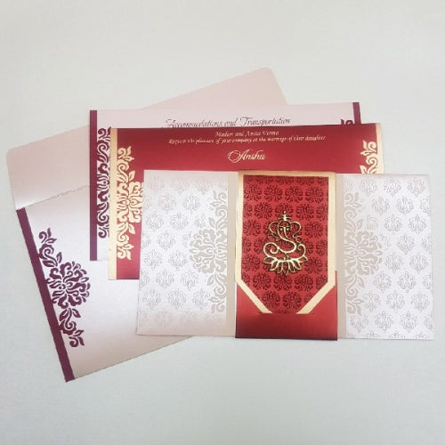 Peach Color Indian Wedding Invitation with Maroon Belt: W-1225
