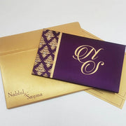 Purple Satin & Gold Color Floral Padded Indian Wedding Invite with Rhinestone Decoration: T6-537