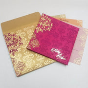 Hot Pink Satin Padded Indian Wedding Invitation with Damask Design: T6-767