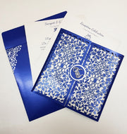 Blue & Silver Gate Fold Laser Cut Wedding Invitation: W-057