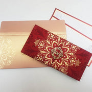 Gold & Maroon Satin Invitation with Laser Cut Wooden Motif: T5-012