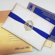 White, Gold & Blue Color Custom Handcrafted Hardbound Padded Invitation with Satin Ribbon & Laser-cut Wooden Emblem: T5-019