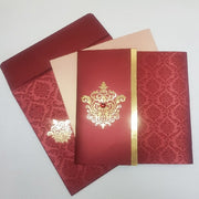 Red & Gold Square Wedding Invitation with Gemstone: W-1216