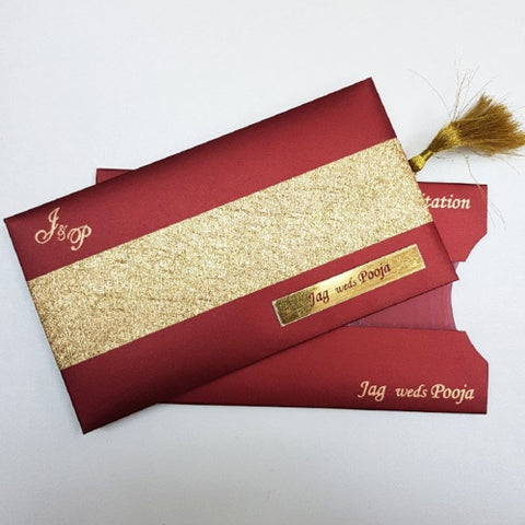 Padded Indian Wedding Invitation in Pouch with Gold Tassel : T5-101