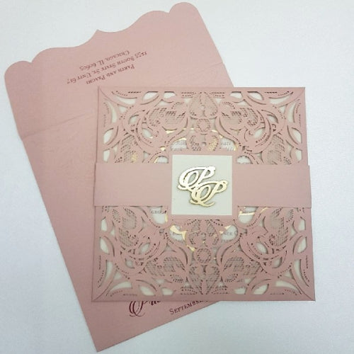 Pastel Pink Beautiful Laser Cut Invitation with Belly band and Wooden Initials : L-110