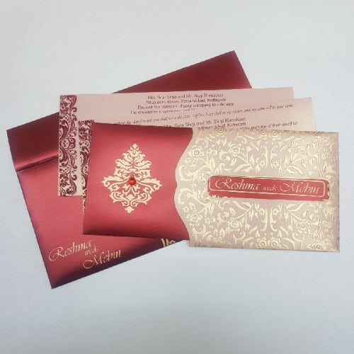 Maroon & Gold Designer Wedding Invite with Golden Pocket Flap: J-020