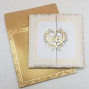 Custom Gate Fold Padded Indian Wedding Invitation with Wooden Heart Emblem: T5-281