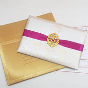 Custom Handmade Padded Invitation with Customize Hot Pink Satin Ribbon & Laser-cut Wooden Emblem: T5-282