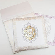 White & Gold Padded Square Indian Wedding Cards with Laser Cut Wooden Motif: T6-2028