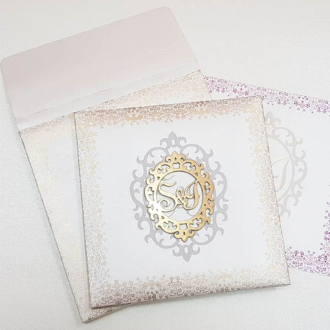 White & Gold Padded Square Indian Wedding Cards with Laser Cut Wooden Motif: T6-2028