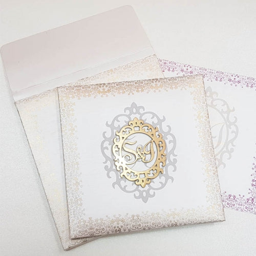 White & Gold Padded Square Indian Wedding Cards with Laser Cut Wooden Motif: T6-2028