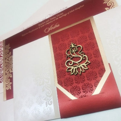 Peach Color Indian Wedding Invitation with Maroon Belt: W-1225