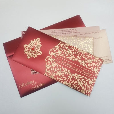 Maroon & Gold Designer Wedding Invite with Golden Pocket Flap: J-020