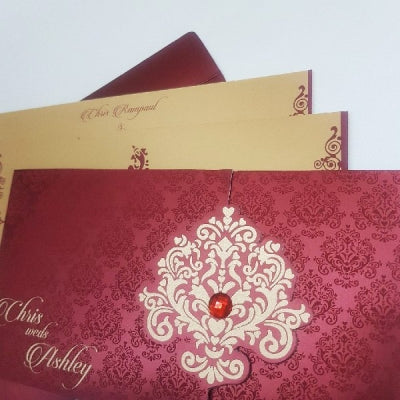 Tri Fold Maroon & Gold Indian Wedding Invitation From India with Rhinestone: W-1124