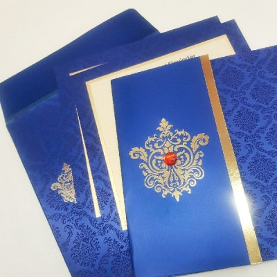 Blue Square Indian Wedding Invite with Gem Stone: W-1214