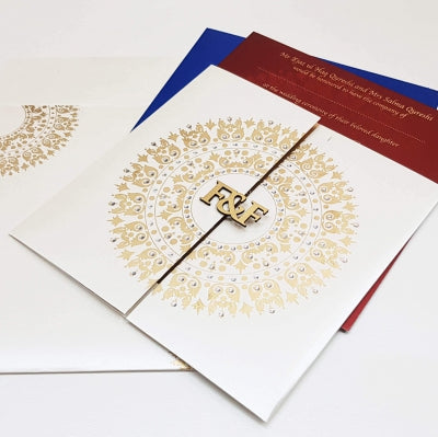 White Shimmery Indian Wedding Invitation with Rhinestone decoration: W-157