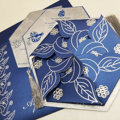 Blue & Silver Color Creative Flower Style Indian Wedding Invite: W-1247